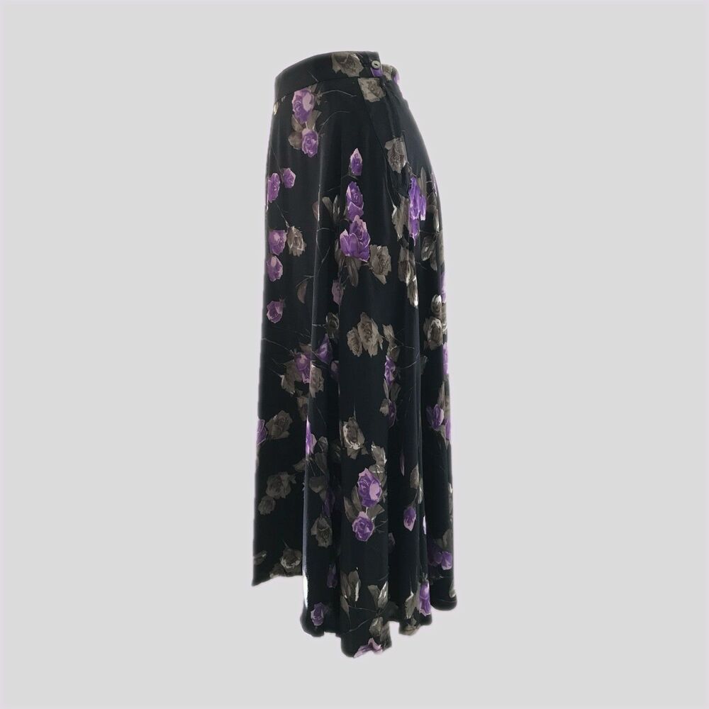 Vintage 1990s ABS Black Purple Rose Floral Pretty Flowy Midi Skirt Women’s 6 S